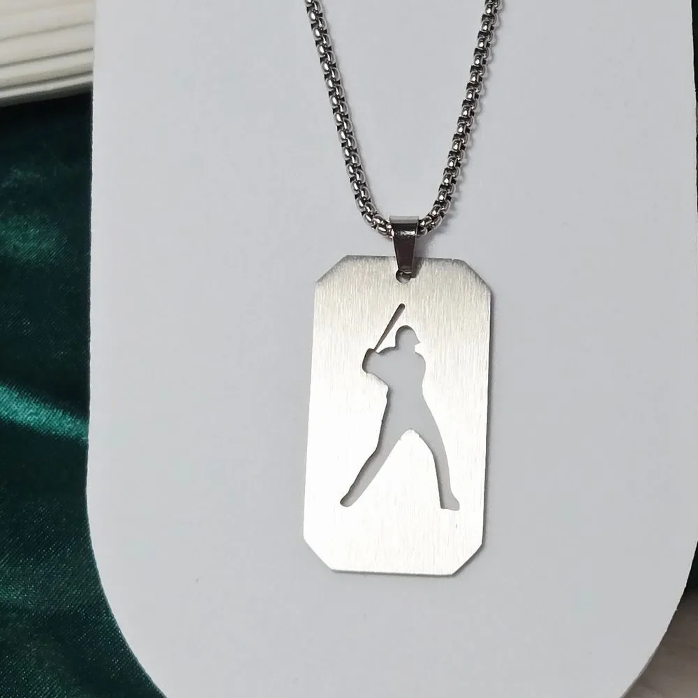 Silver Baseball Player Dog Tag Necklace Cutout Batter 24” Stainless Steel Gift